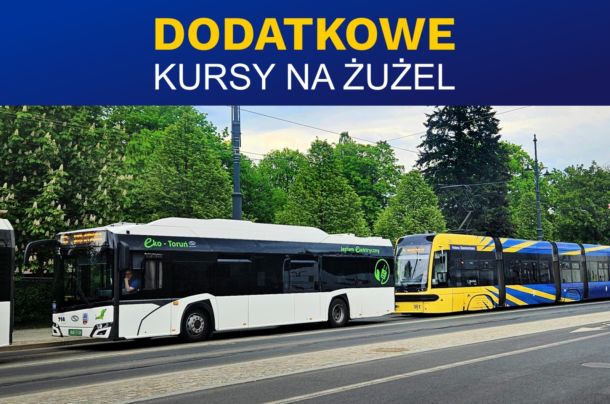 Żółto-niebieski tramwaj i biały autobus MZK Toruń
